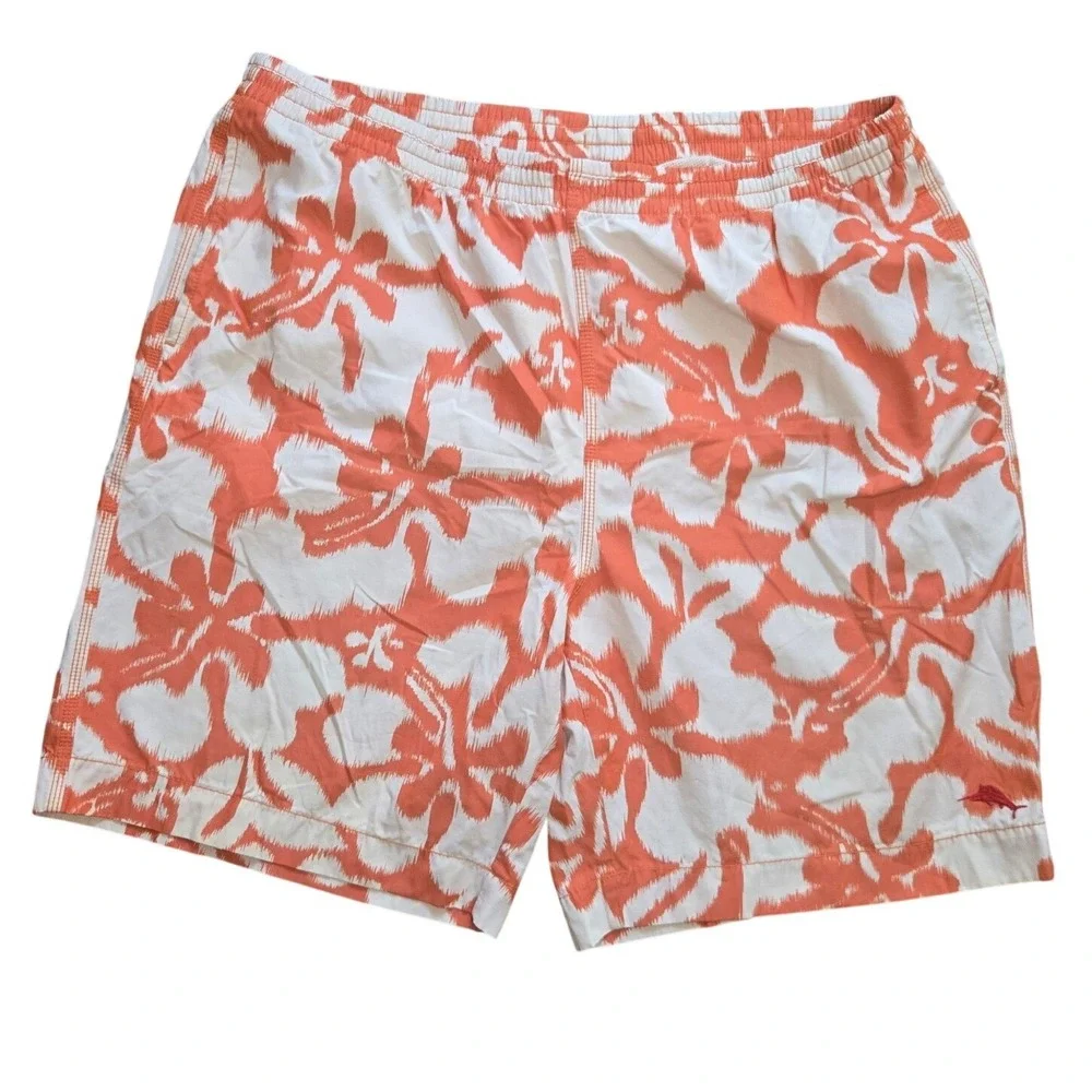 Tommy Bahama Relax Swim Trunks Men's XL Orange White Hawaiian Floral Mesh Lined
